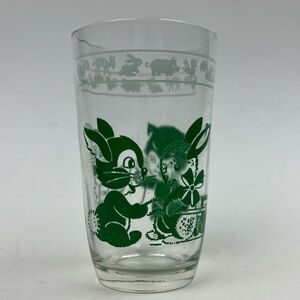 Vintage Kraft Swanky Swig Juice Glass Green Kitty Cat Rabbit Bunny Kids MCM